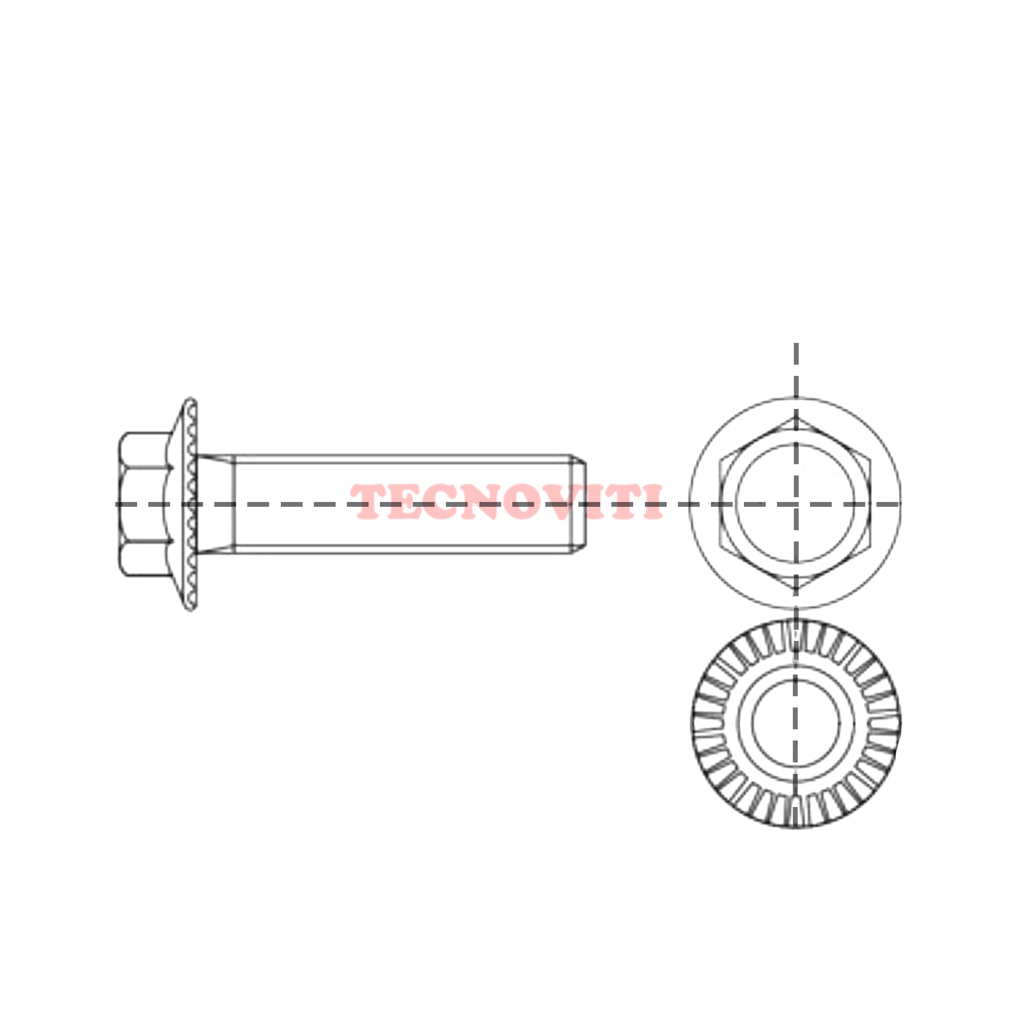 Disegno tecnico Vite a testa esagonale con flangia (ev. zigrinata)_ . DIN 6921, ~ EN 1665, ~ UNI 1665. TECNOCODE: 6921