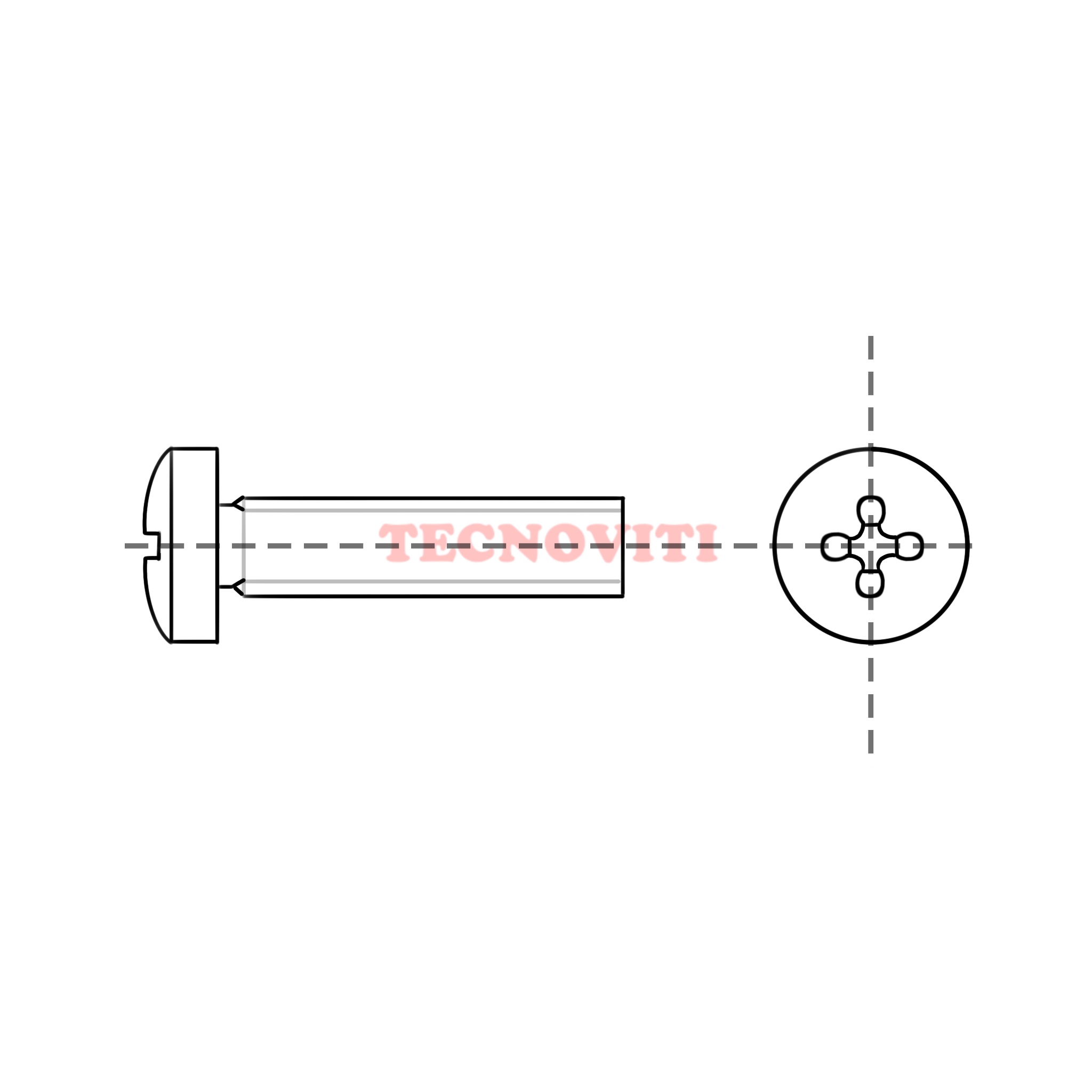 Disegno tecnico Viti a metallo testa cilindrica taglio croce Phillips. DIN 7985, ISO 7045, ~ UNI 7687. TECNOCODE: 7687