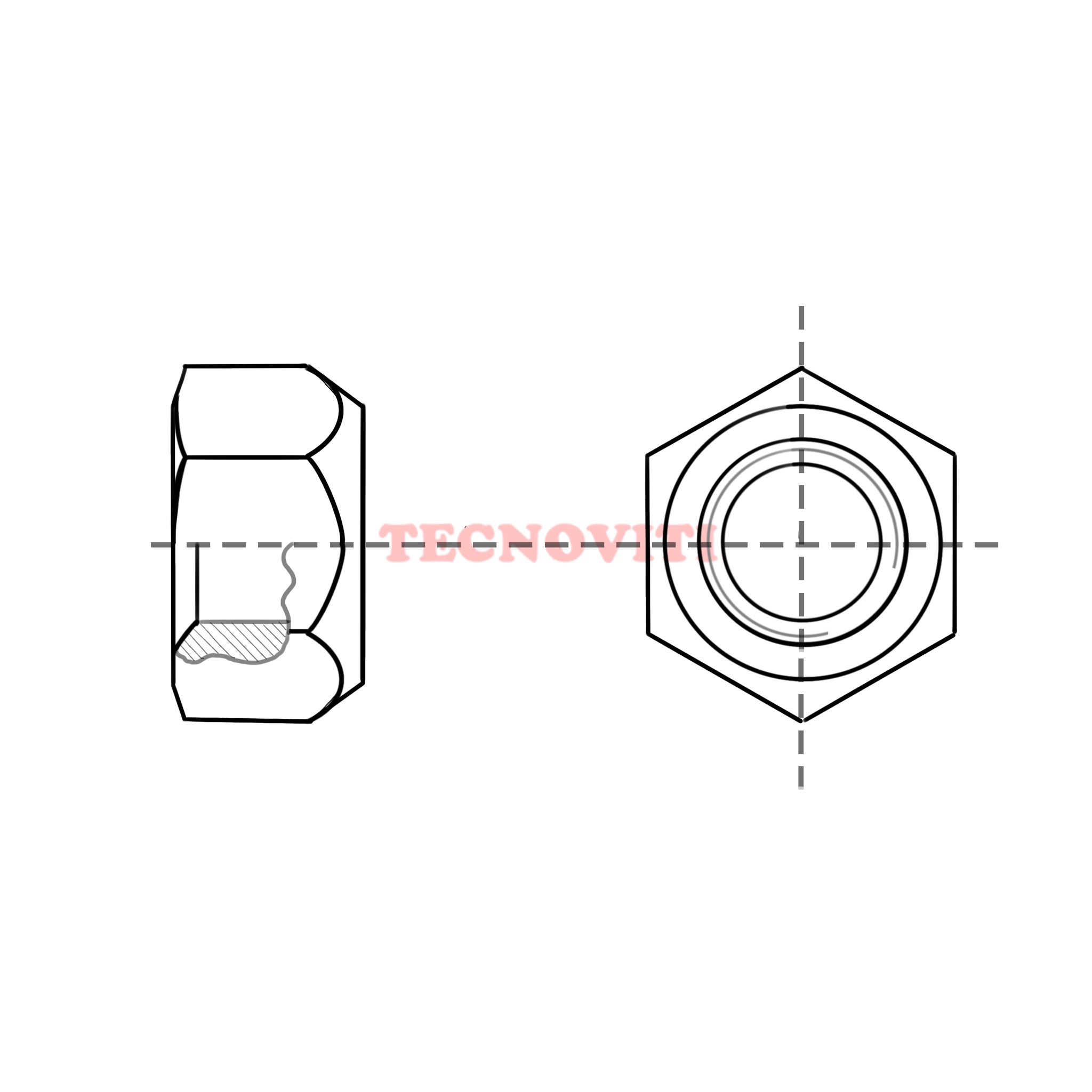 Disegno tecnico Dado esagonale con elemento di bloccaggio (interamente in metallo). ~ DIN 6925, ~ ISO 7042 -10513. TECNOCODE: ~980 (6925)